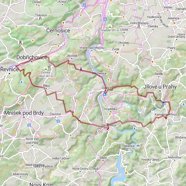 Map miniature of "Řevnice - Hvíždinec loop" cycling inspiration in Střední Čechy, Czech Republic. Generated by Tarmacs.app cycling route planner