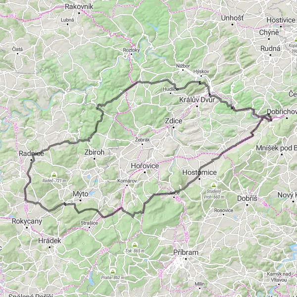 Map miniature of "Řevnice - V Doubcích - Svinaře - Hostomice - Špičák - Beran - Medový Újezd - Na Vrších - Volduchy - Biskoupky - Holeček - Velký vrch - Nový Jáchymov - Vyhlídka - Karlštejn Circuit" cycling inspiration in Střední Čechy, Czech Republic. Generated by Tarmacs.app cycling route planner