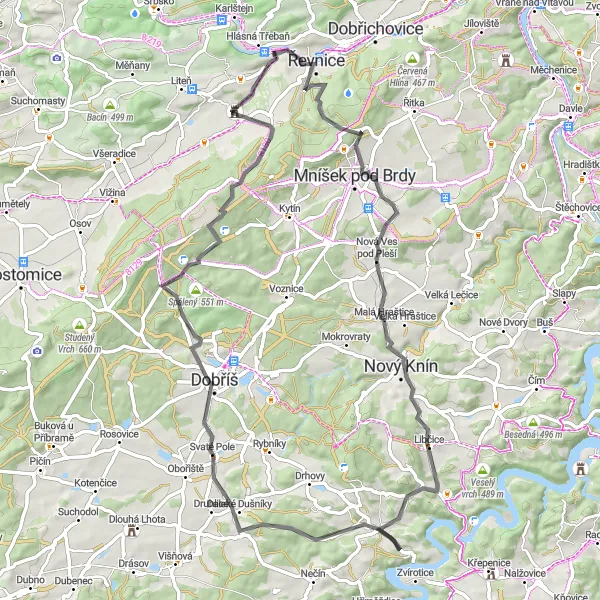 Miniaturní mapa "Kopců a kopců" inspirace pro cyklisty v oblasti Střední Čechy, Czech Republic. Vytvořeno pomocí plánovače tras Tarmacs.app