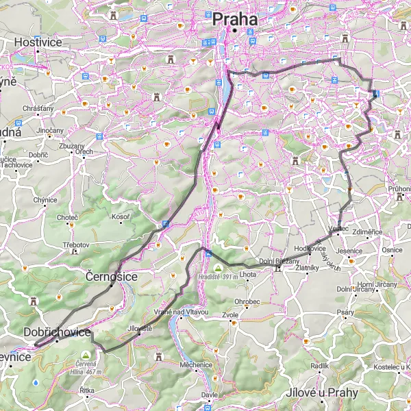 Miniaturní mapa "Kolem údolí" inspirace pro cyklisty v oblasti Střední Čechy, Czech Republic. Vytvořeno pomocí plánovače tras Tarmacs.app