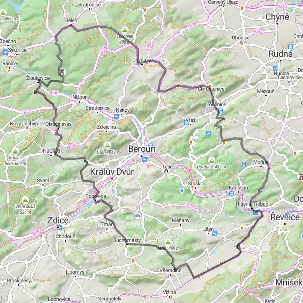 Map miniature of "Řevnice - Hlásná Třebaň loop" cycling inspiration in Střední Čechy, Czech Republic. Generated by Tarmacs.app cycling route planner