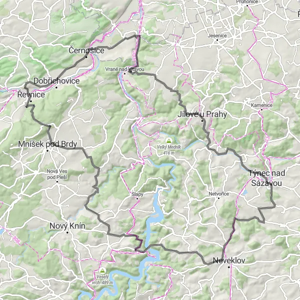 Miniaturní mapa "Okruh okolo Řevnic" inspirace pro cyklisty v oblasti Střední Čechy, Czech Republic. Vytvořeno pomocí plánovače tras Tarmacs.app