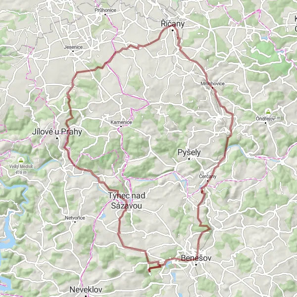 Map miniature of "The Gravel Adventure" cycling inspiration in Střední Čechy, Czech Republic. Generated by Tarmacs.app cycling route planner