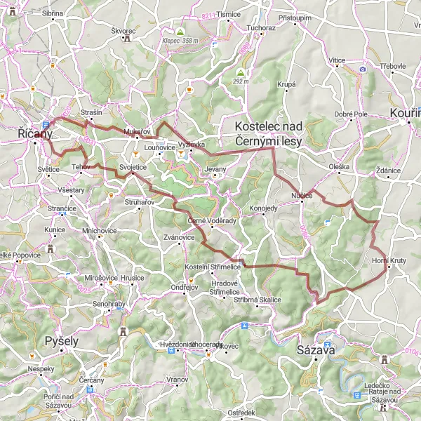 Miniaturní mapa "Gravelová exkurze do Svojetic" inspirace pro cyklisty v oblasti Střední Čechy, Czech Republic. Vytvořeno pomocí plánovače tras Tarmacs.app