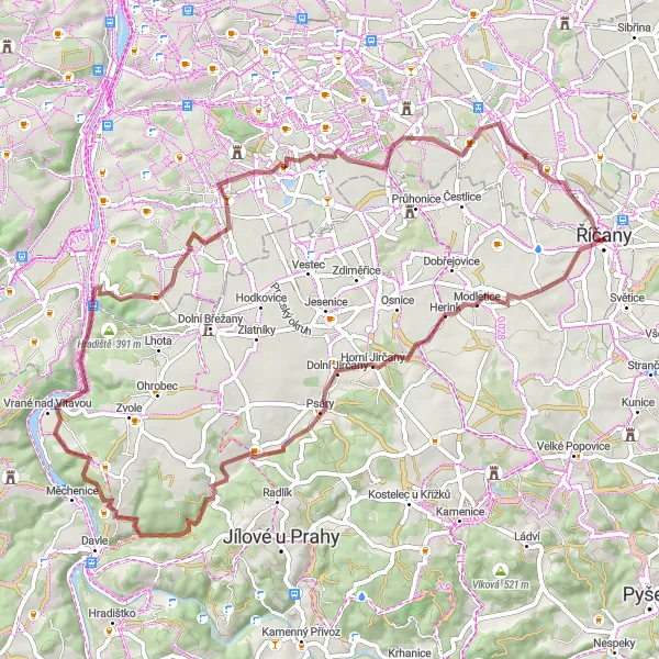 Mapa miniatúra "Gravelová stezka Horní Jirčany - Říčanský hrad" cyklistická inšpirácia v Střední Čechy, Czech Republic. Vygenerované cyklistickým plánovačom trás Tarmacs.app