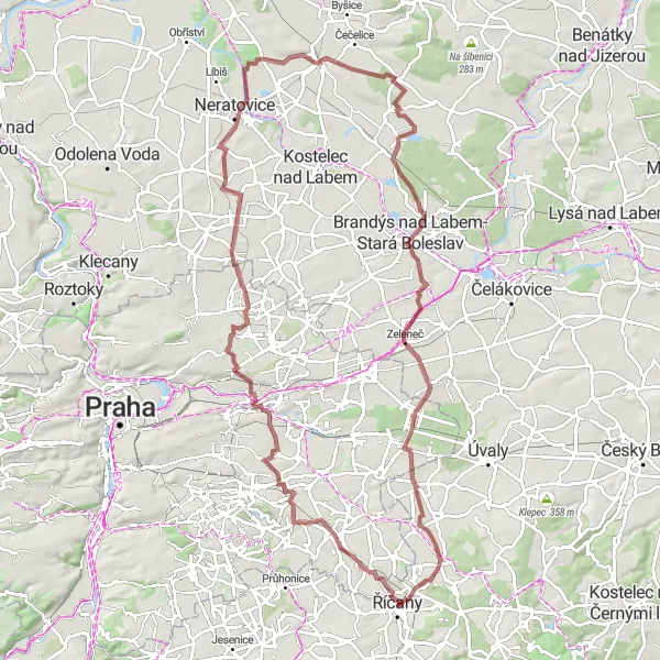 Map miniature of "The Gravel Explorer" cycling inspiration in Střední Čechy, Czech Republic. Generated by Tarmacs.app cycling route planner