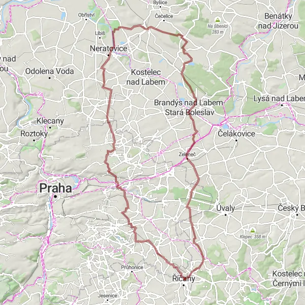 Miniaturní mapa "Gravelová cesta k Říčanům" inspirace pro cyklisty v oblasti Střední Čechy, Czech Republic. Vytvořeno pomocí plánovače tras Tarmacs.app