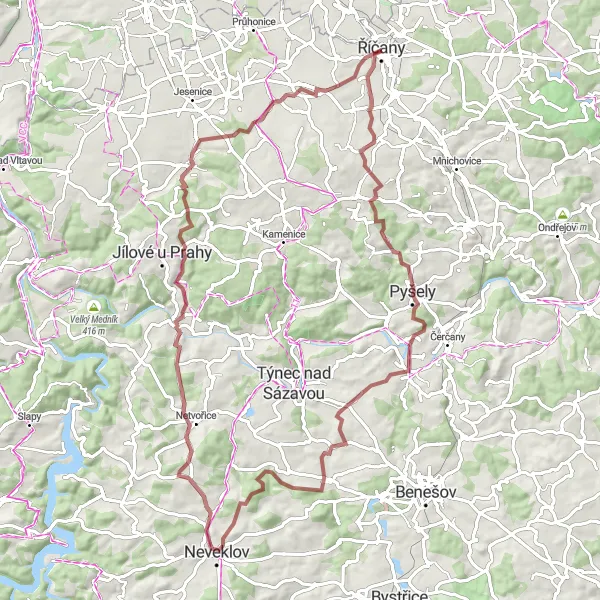 Map miniature of "Gravel Adventure: Ricany - Říčanský hrad Loop" cycling inspiration in Střední Čechy, Czech Republic. Generated by Tarmacs.app cycling route planner