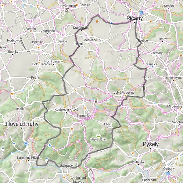 Miniaturní mapa "Cyklotrasa Vidovice - Říčanský hrad" inspirace pro cyklisty v oblasti Střední Čechy, Czech Republic. Vytvořeno pomocí plánovače tras Tarmacs.app