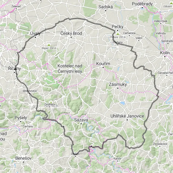 Miniaturní mapa "Okolím Říčan na silnici" inspirace pro cyklisty v oblasti Střední Čechy, Czech Republic. Vytvořeno pomocí plánovače tras Tarmacs.app
