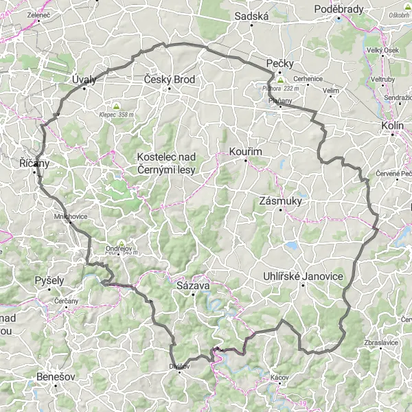 Mapa miniatúra "Cyklotrasa okolo Říčan" cyklistická inšpirácia v Střední Čechy, Czech Republic. Vygenerované cyklistickým plánovačom trás Tarmacs.app