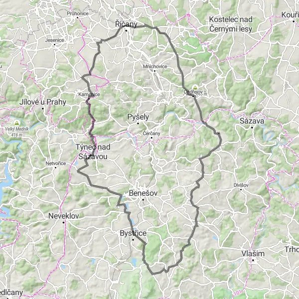 Karten-Miniaturansicht der Radinspiration "Umfangreiche Straßentour mit herausfordernden Anstiegen" in Střední Čechy, Czech Republic. Erstellt vom Tarmacs.app-Routenplaner für Radtouren