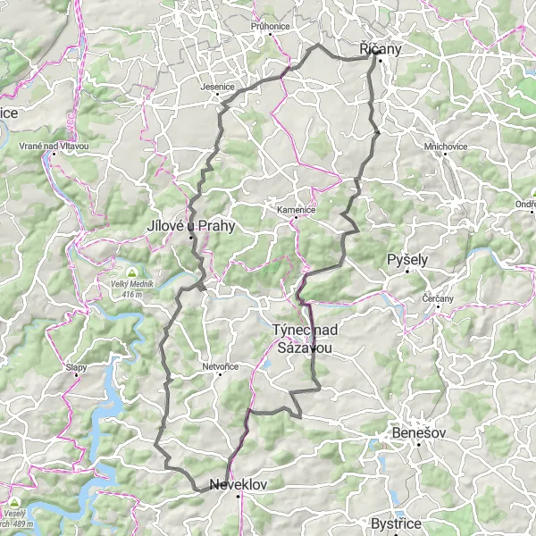 Map miniature of "Ricany - Otice Loop" cycling inspiration in Střední Čechy, Czech Republic. Generated by Tarmacs.app cycling route planner