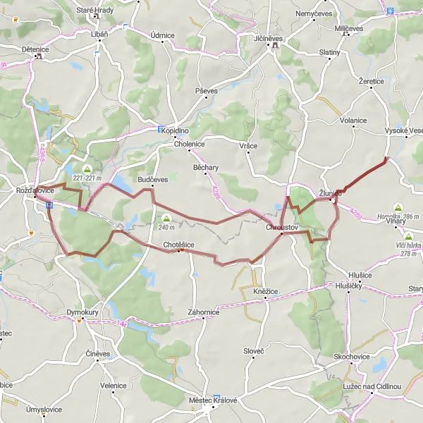 Mapa miniatúra "Gravelová trasa kolem Rožďalovic" cyklistická inšpirácia v Střední Čechy, Czech Republic. Vygenerované cyklistickým plánovačom trás Tarmacs.app