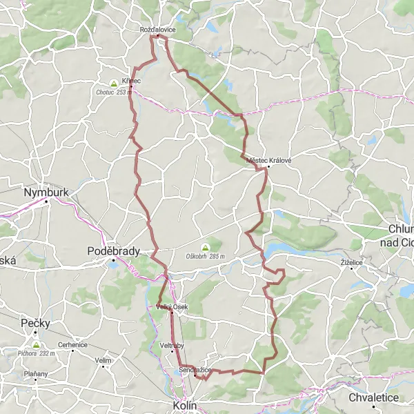 Miniaturní mapa "Gravel route around Rožďalovice" inspirace pro cyklisty v oblasti Střední Čechy, Czech Republic. Vytvořeno pomocí plánovače tras Tarmacs.app