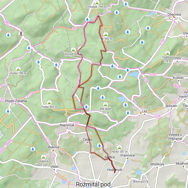 Map miniature of "Sedlice Gravel Loop" cycling inspiration in Střední Čechy, Czech Republic. Generated by Tarmacs.app cycling route planner