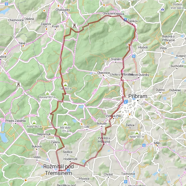 Mapa miniatúra "Gravelová trasa Zalány - Na Vrchu" cyklistická inšpirácia v Střední Čechy, Czech Republic. Vygenerované cyklistickým plánovačom trás Tarmacs.app