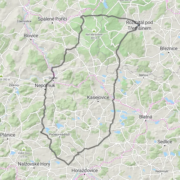 Miniaturní mapa "Velký okruh kolem Rožmitálu" inspirace pro cyklisty v oblasti Střední Čechy, Czech Republic. Vytvořeno pomocí plánovače tras Tarmacs.app