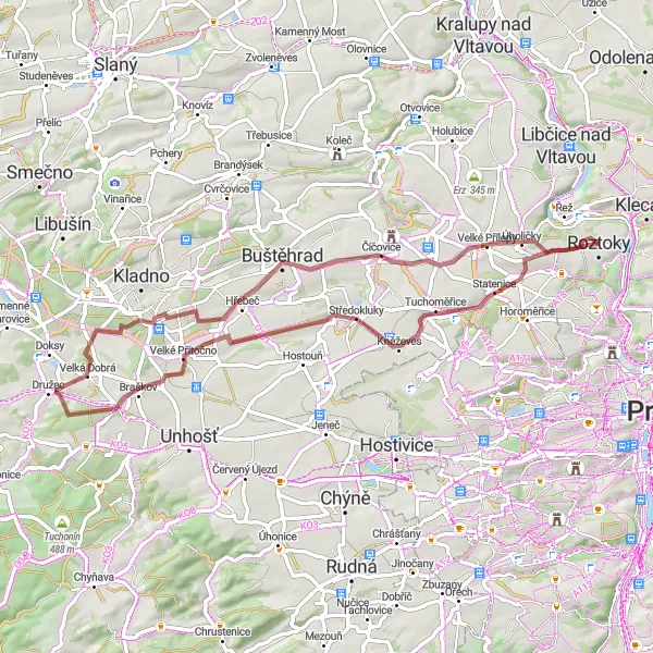 Map miniature of "Countryside Gravel Escape" cycling inspiration in Střední Čechy, Czech Republic. Generated by Tarmacs.app cycling route planner