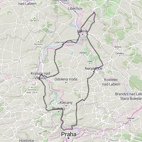 Map miniature of "Prague Road Marvels" cycling inspiration in Střední Čechy, Czech Republic. Generated by Tarmacs.app cycling route planner