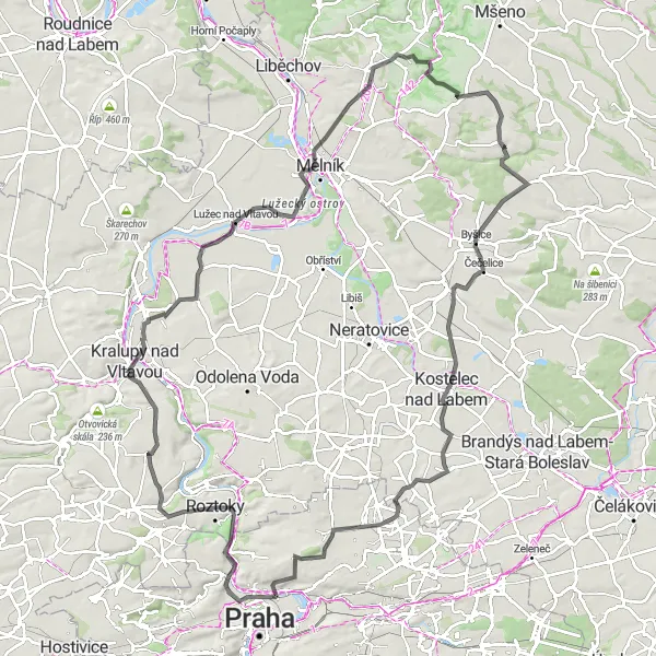 Miniaturní mapa "Okruh kolem Roztok (Střední Čechy)" inspirace pro cyklisty v oblasti Střední Čechy, Czech Republic. Vytvořeno pomocí plánovače tras Tarmacs.app