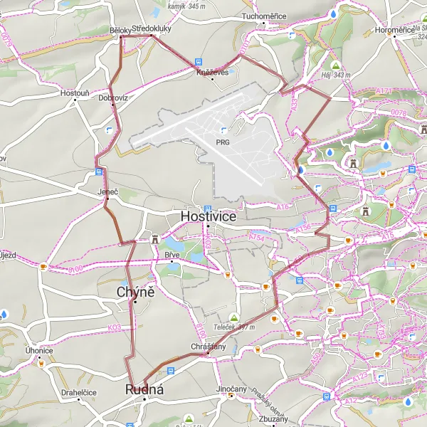 Mapa miniatúra "Rudná - Růžová - Dobrovíz - Řepy - Rudná" cyklistická inšpirácia v Střední Čechy, Czech Republic. Vygenerované cyklistickým plánovačom trás Tarmacs.app