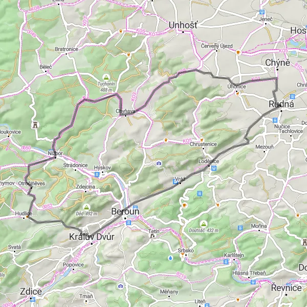 Mapa miniatúra "Jízda kolem Rudné s odbočkou na Růžovou" cyklistická inšpirácia v Střední Čechy, Czech Republic. Vygenerované cyklistickým plánovačom trás Tarmacs.app