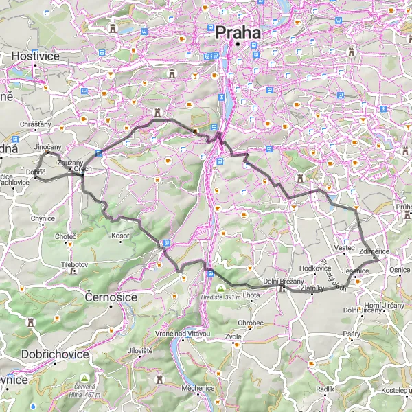 Mapa miniatúra "Rudná - Ořech - Kunratice - Zbraslav - Rudná" cyklistická inšpirácia v Střední Čechy, Czech Republic. Vygenerované cyklistickým plánovačom trás Tarmacs.app