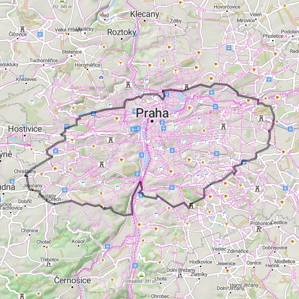 Miniatura mapy "Trasa przez Chrášťany i Dolní Počernice" - trasy rowerowej w Střední Čechy, Czech Republic. Wygenerowane przez planer tras rowerowych Tarmacs.app