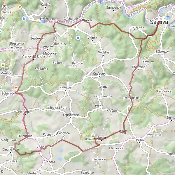 Mapa miniatúra "Gravelová cyklotrasa přes Špulku a Věřice" cyklistická inšpirácia v Střední Čechy, Czech Republic. Vygenerované cyklistickým plánovačom trás Tarmacs.app