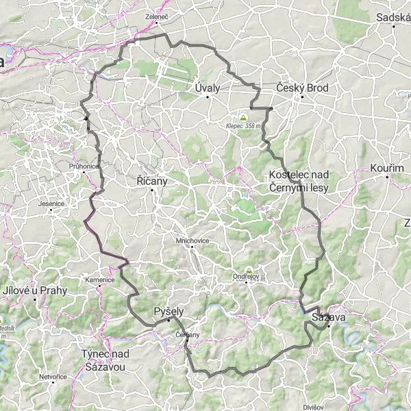 Mapa miniatúra "Okruh do okolí Sázavy" cyklistická inšpirácia v Střední Čechy, Czech Republic. Vygenerované cyklistickým plánovačom trás Tarmacs.app