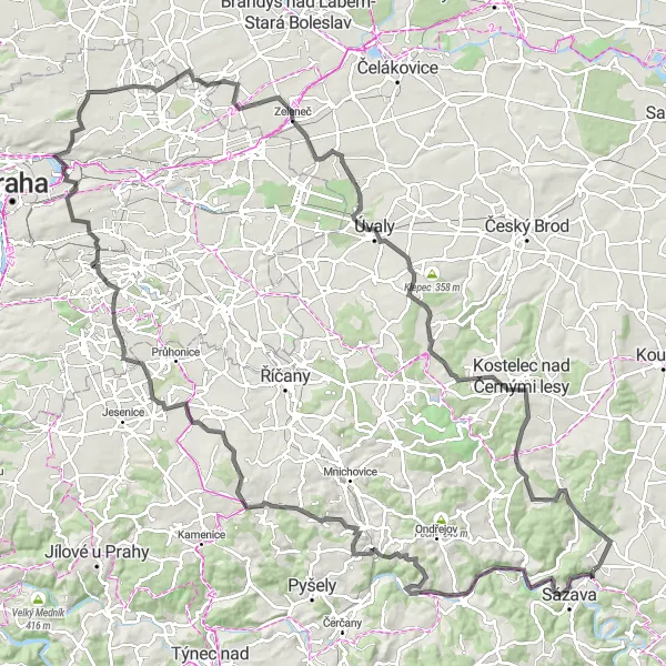 Map miniature of "Challenging Journey to Chocerady and Oplany" cycling inspiration in Střední Čechy, Czech Republic. Generated by Tarmacs.app cycling route planner