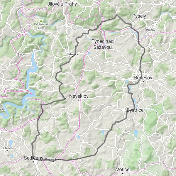 Miniaturní mapa "Kopcovitá cesta od Sedlčan k Kosové Hoře" inspirace pro cyklisty v oblasti Střední Čechy, Czech Republic. Vytvořeno pomocí plánovače tras Tarmacs.app