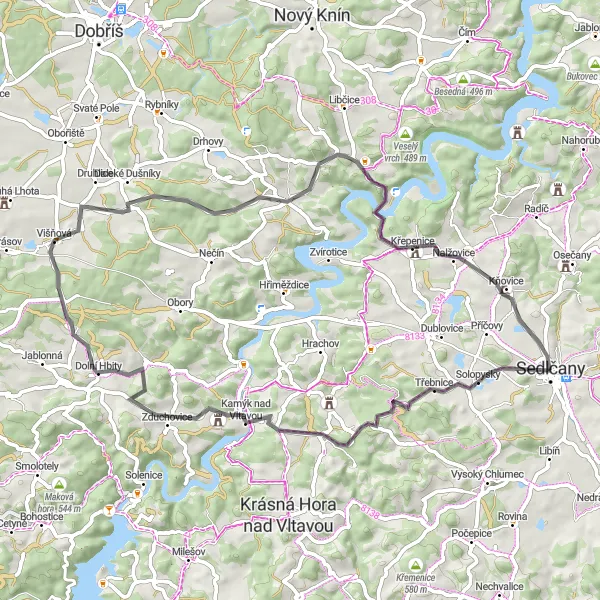 Map miniature of "Scenic Road Tour from Sedlčany" cycling inspiration in Střední Čechy, Czech Republic. Generated by Tarmacs.app cycling route planner