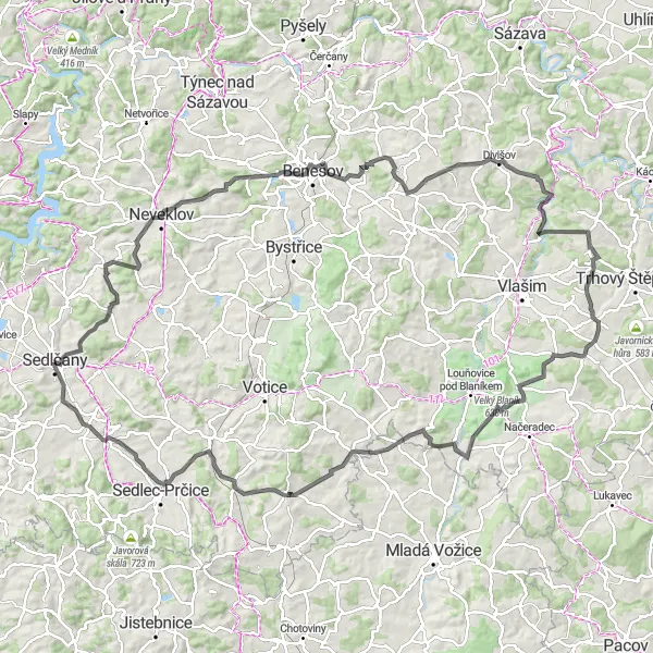 Mapa miniatúra "Road Cycling Loop through Malý Blaník" cyklistická inšpirácia v Střední Čechy, Czech Republic. Vygenerované cyklistickým plánovačom trás Tarmacs.app