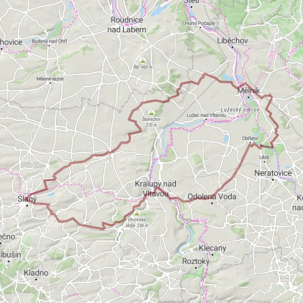 Miniaturní mapa "Okruh kolem Slaného" inspirace pro cyklisty v oblasti Střední Čechy, Czech Republic. Vytvořeno pomocí plánovače tras Tarmacs.app