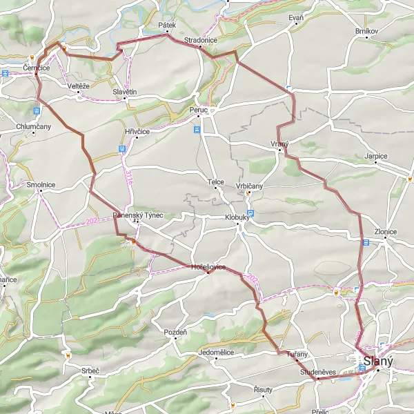 Mapa miniatúra "Gravelová trasa cez Hořešovice a Vyšínek" cyklistická inšpirácia v Střední Čechy, Czech Republic. Vygenerované cyklistickým plánovačom trás Tarmacs.app