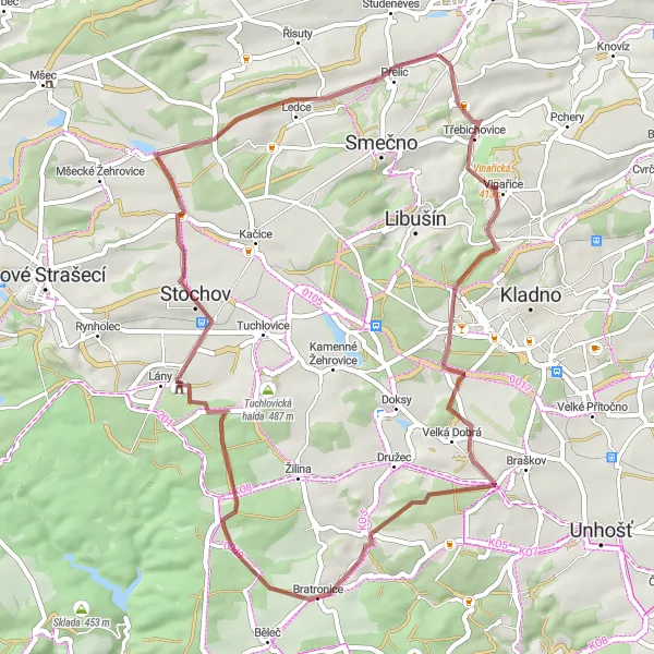 Map miniature of "Třebichovice Loop" cycling inspiration in Střední Čechy, Czech Republic. Generated by Tarmacs.app cycling route planner