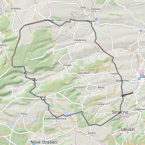 Mapa miniatúra "Scenic Cycling Loop from Slaný" cyklistická inšpirácia v Střední Čechy, Czech Republic. Vygenerované cyklistickým plánovačom trás Tarmacs.app