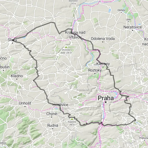 Miniaturní mapa "Výlet na kole kolem Slánské hory a okolí" inspirace pro cyklisty v oblasti Střední Čechy, Czech Republic. Vytvořeno pomocí plánovače tras Tarmacs.app