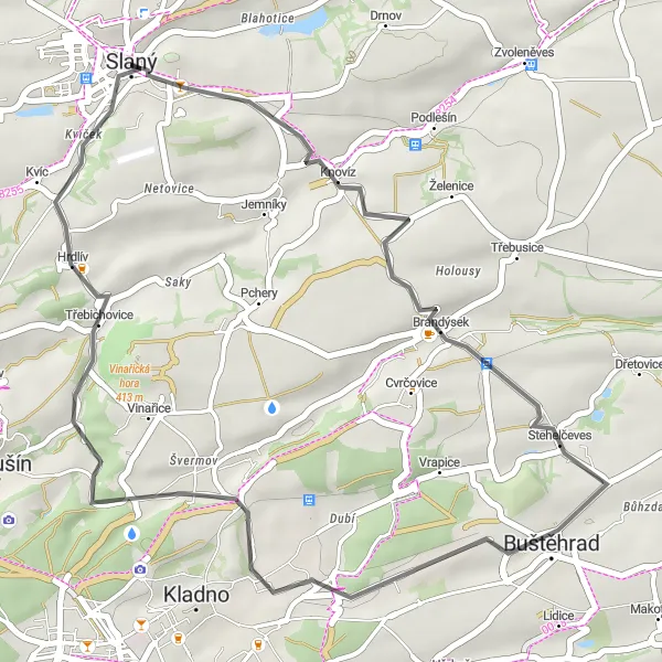 Miniaturní mapa "Cyklotrasa kolem Slaného a Slánské hory" inspirace pro cyklisty v oblasti Střední Čechy, Czech Republic. Vytvořeno pomocí plánovače tras Tarmacs.app