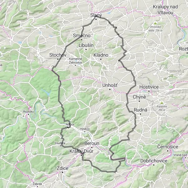 Miniaturní mapa "Přírodní cesta kolem Slaného" inspirace pro cyklisty v oblasti Střední Čechy, Czech Republic. Vytvořeno pomocí plánovače tras Tarmacs.app