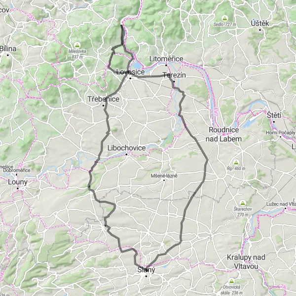 Miniaturní mapa "Okruh okolo Slaného pro silniční kola" inspirace pro cyklisty v oblasti Střední Čechy, Czech Republic. Vytvořeno pomocí plánovače tras Tarmacs.app