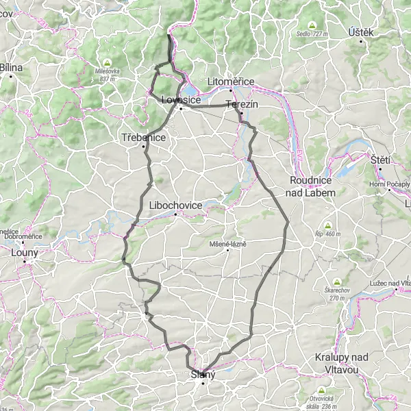 Mapa miniatúra "Kruhová trasa přes Oparno a Doksany" cyklistická inšpirácia v Střední Čechy, Czech Republic. Vygenerované cyklistickým plánovačom trás Tarmacs.app