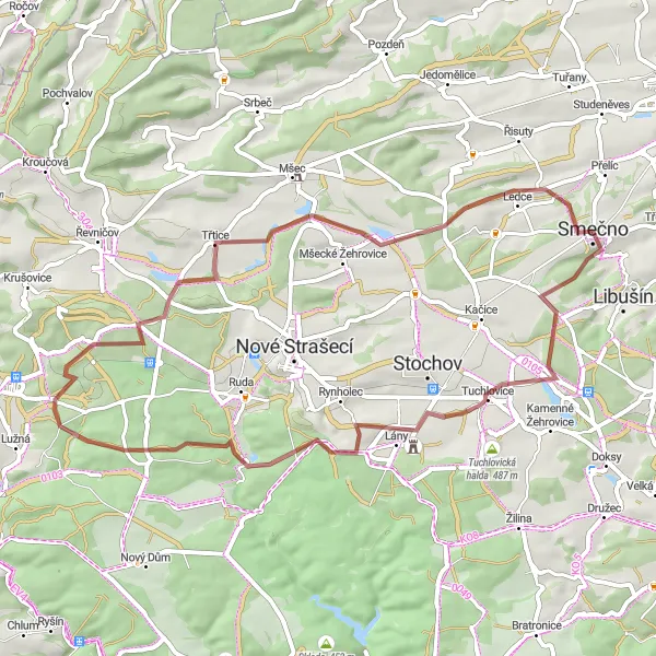 Miniaturní mapa "Cyklostezka kolem Smečna a zámku" inspirace pro cyklisty v oblasti Střední Čechy, Czech Republic. Vytvořeno pomocí plánovače tras Tarmacs.app