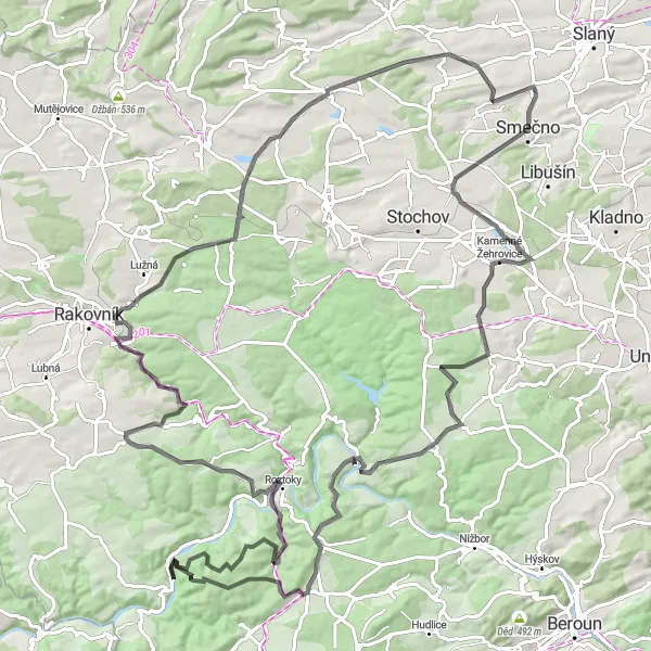 Map miniature of "Smečno Triple Crown" cycling inspiration in Střední Čechy, Czech Republic. Generated by Tarmacs.app cycling route planner