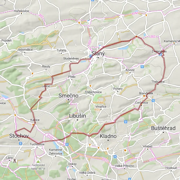 Karten-Miniaturansicht der Radinspiration "Gravel-Tour zu den Dörfern in der Nähe von Stochov" in Střední Čechy, Czech Republic. Erstellt vom Tarmacs.app-Routenplaner für Radtouren
