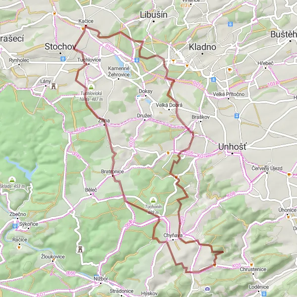 Miniaturní mapa "Gravel cyklistická trasa Stochov - Kačice" inspirace pro cyklisty v oblasti Střední Čechy, Czech Republic. Vytvořeno pomocí plánovače tras Tarmacs.app