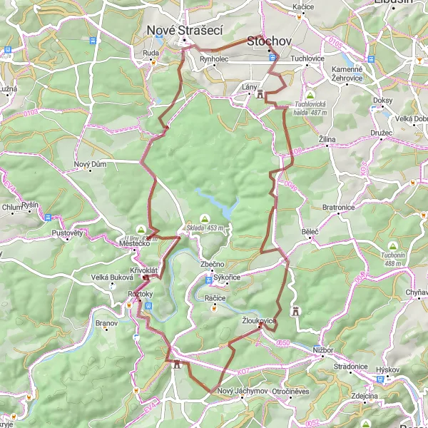 Miniaturní mapa "Gravel cyklistická trasa Stochov - Pecínov" inspirace pro cyklisty v oblasti Střední Čechy, Czech Republic. Vytvořeno pomocí plánovače tras Tarmacs.app