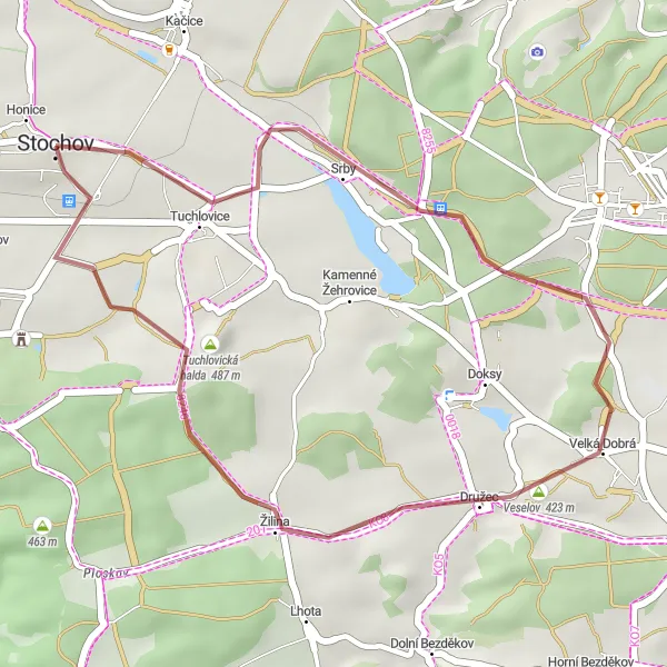 Mapa miniatúra "Gravelový okruh cez Stochov" cyklistická inšpirácia v Střední Čechy, Czech Republic. Vygenerované cyklistickým plánovačom trás Tarmacs.app
